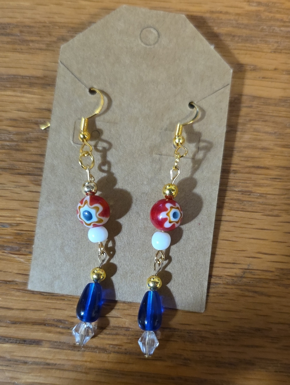 Handcrafted Red, Whitr & Blue Bead Drop Earrings